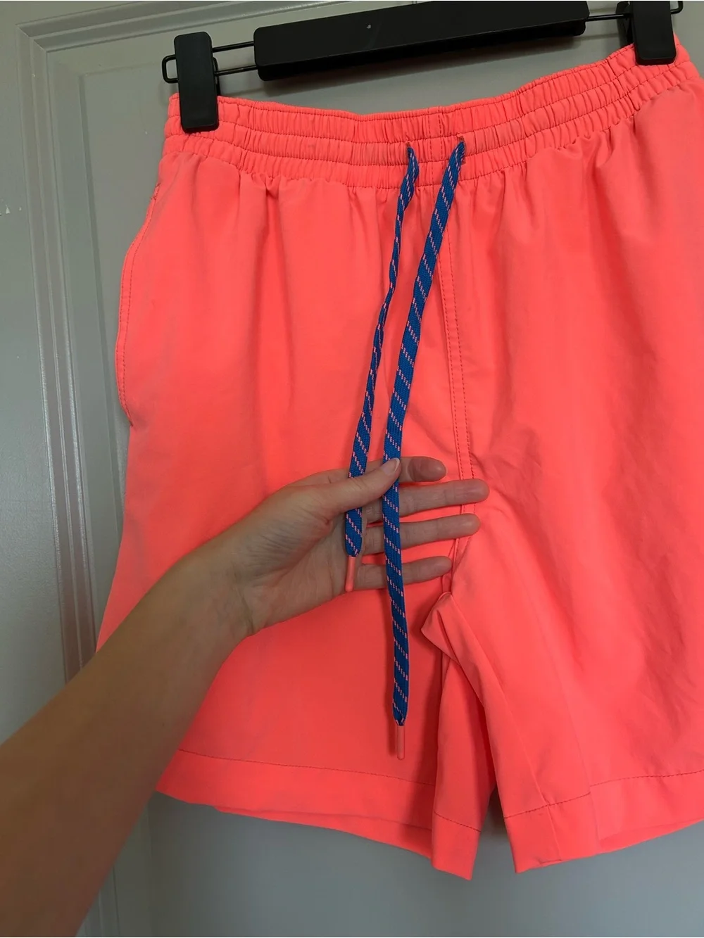 Men's Tyler’s Bright Coral Swim Trunks with Blue Drawstring